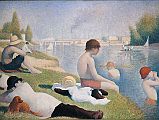 London National Gallery Top 20 19 Georges Seurat - Bathers at Asnieres Georges Seurat - Bathers at Asnieres, 1884, 201 x 300 cm. This work shows a group of young factory workers relaxing on the riverbank at Asni�res, an industrial suburb west of Paris on the River Seine. Although he hadn�t invented his pointillist technique yet, the artist later reworked areas of this picture using dots of contrasting colour to create a vibrant, luminous effect. For example, dots of orange and blue were added to the boy's hat.